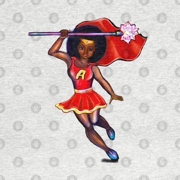 Black anime superhero girl with red cape ! beautiful  black girl with Afro hair, brown eyes, Cherry pink lips and dark brown skin. Hair love ! by Artonmytee